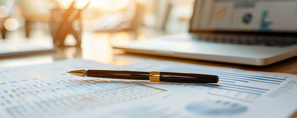 Fototapeta premium Closeup of a pen lying on the desk among documents. Business concept.