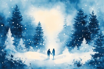 Obraz premium A watercolor illustration of a couple holding hands in a tranquil snowy forest, surrounded by tall pine trees and gentle snowfall, creating a peaceful winter atmosphere