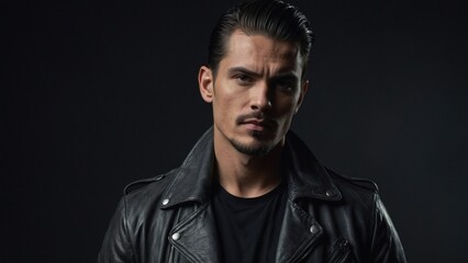 Obraz premium Portrait of a Man in a Leather Jacked on a Dark Background