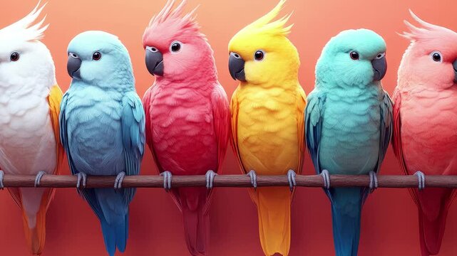 A lively gathering of beautifully colored parrots perched side by side, radiating joy. seamless looping 4K time-lapse virtual video animation background