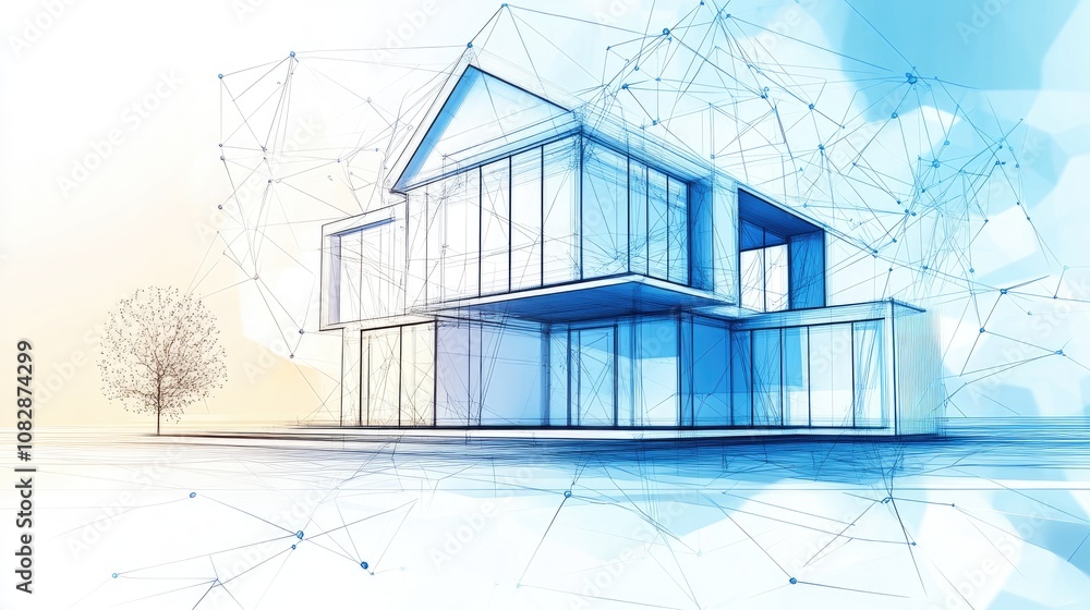 Poster line art illustration of abstract architectural design featuring a modern house framework with a wir