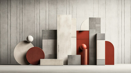 Contemporary abstract geometric sculpture with concrete and textured red shapes in a minimalist setting, featuring a vertical pattern wall background.