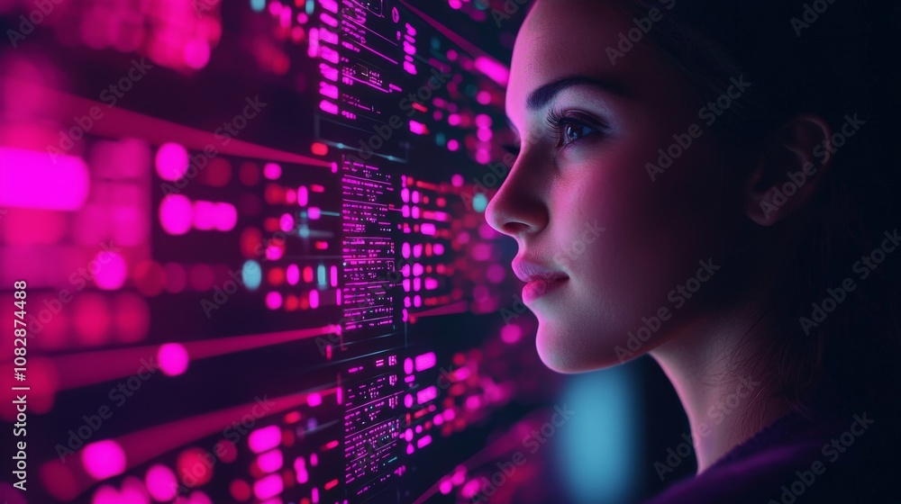 Poster analyzing digital data streams futuristic technology lab portrait of a young woman neon lighting env