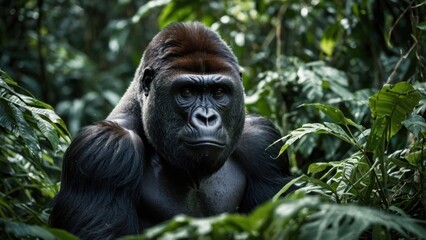 Obraz premium Gorilla Sitting Calmly Among Lush Greenery in a Dense Jungle During Daylight Hours
