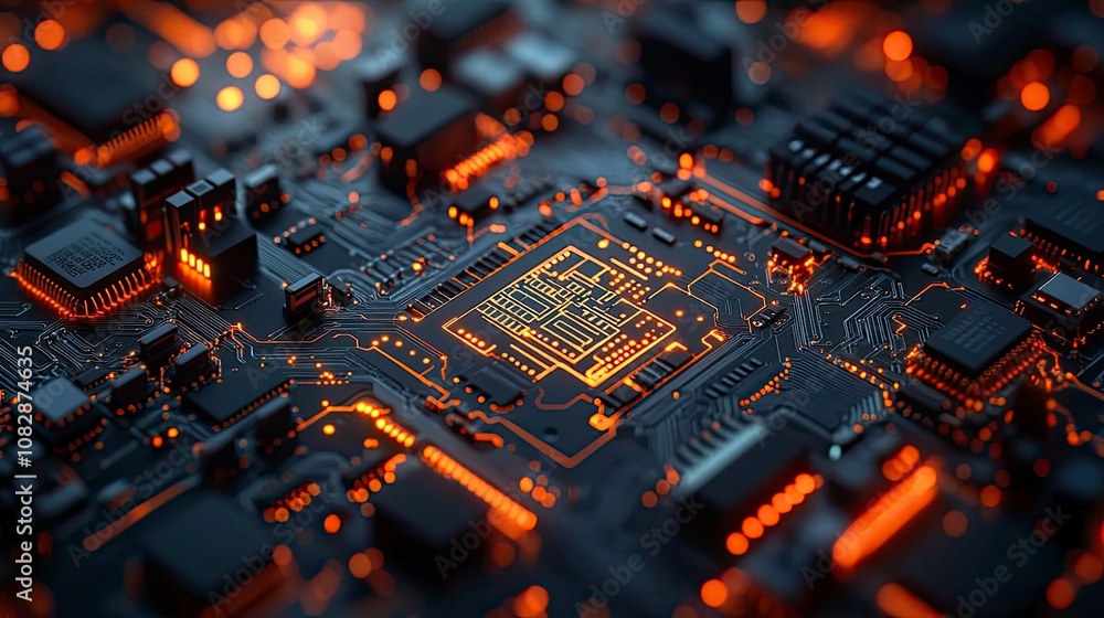 Poster a close up of a detailed glowing circuit board with intricate pathways and glowing components creati