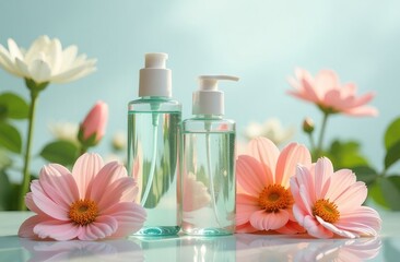 Two clear glass bottles beside soft pink flowers create a tranquil scene in a sunny outdoor setting