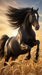 illustration of a black wild horse in a field at sunset.