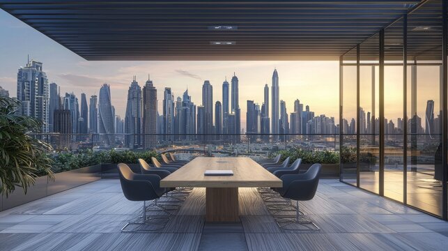 Modern Office Interior with Expansive View of Dubai Skyline at Sunset, Featuring Elegant Furniture, Sophisticated Design, and Vibrant Cityscape Backdrop