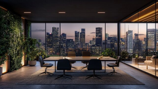 Modern Office Interior with City View at Dusk, Featuring Sleek Furniture and Lush Greenery, Perfect for Corporate and Creative Workspaces