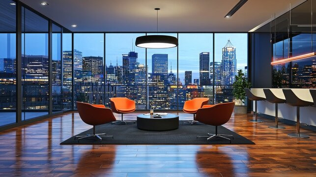 Modern Office Interior with Stylish Orange Chairs and City Skyline View at Night, Showcasing Urban Elegance and Professional Design Elements