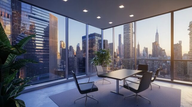 Modern Office Space with Panoramic City View Featuring Glass Walls and Stylish Furniture in a High-Rise Building during Sunset in Urban Environment