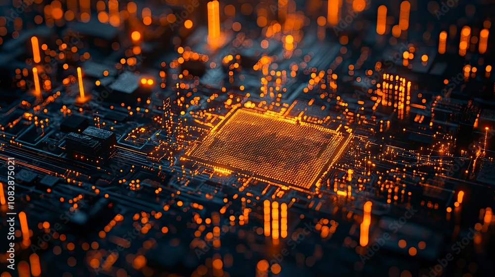 Poster a close up of a glowing orange circuit board with intricate details and a futuristic feel. the board