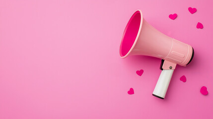Celebratory announcement using pink megaphone heart decor modern studio vibrant atmosphere fun concept for engagement
