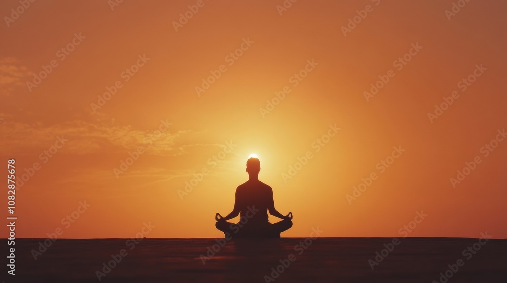 Poster a silhouette sits in a meditative pose as the sun sets, creating a serene and calming atmosphere in 