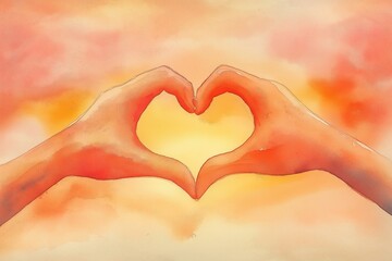 Fototapeta premium A watercolor illustration of two hands forming a heart shape against a soft gradient background with warm orange and pink tones, symbolizing love, connection, and affection