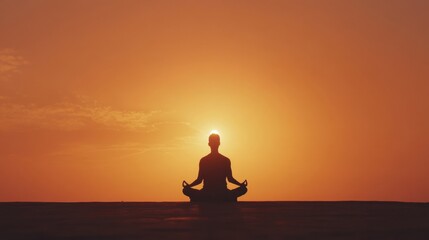 Fototapeta premium A silhouette sits in a meditative pose as the sun sets, creating a serene and calming atmosphere in the background. Generative AI