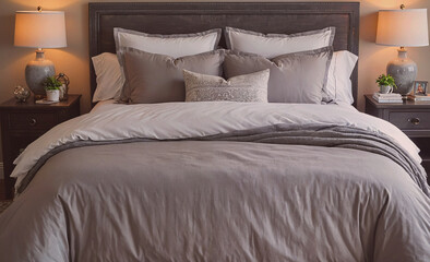 Bed with a gray comforter and pillows