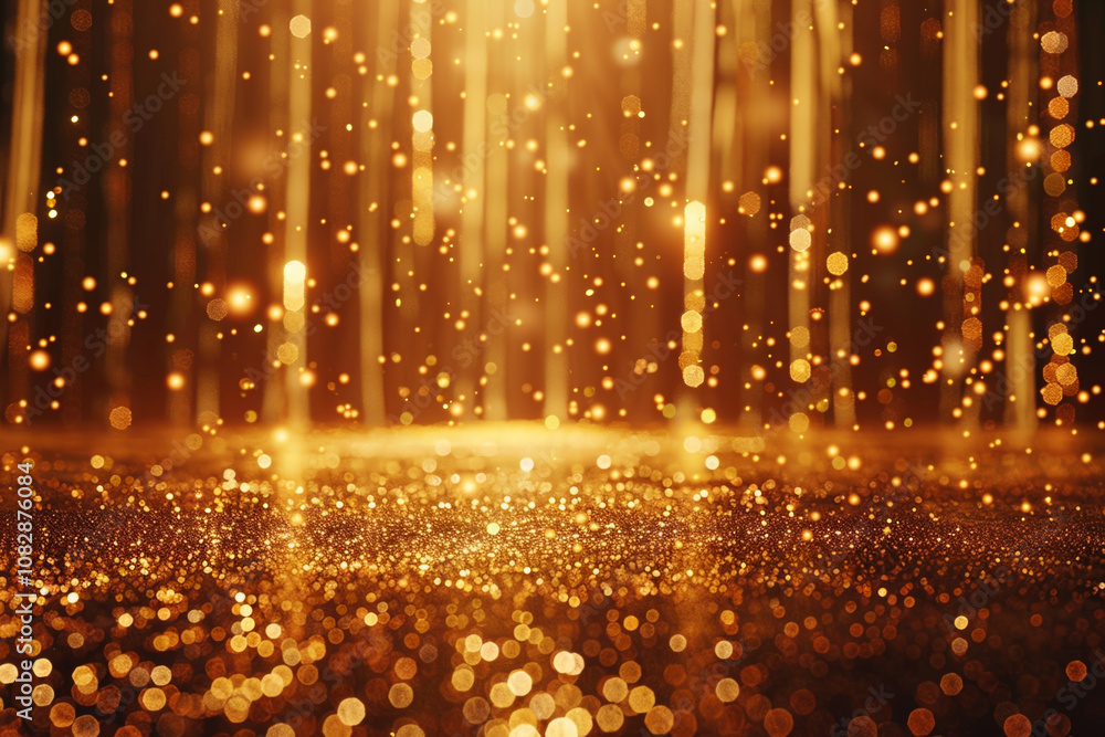 Poster golden particles drift gracefully in the air, illuminated by soft lighting, creating a magical atmos