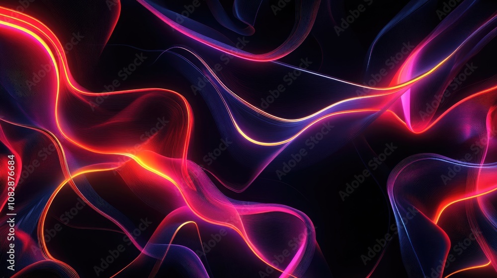 Poster abstract line art illustration featuring multiple neon lighting lines on a dark background created t