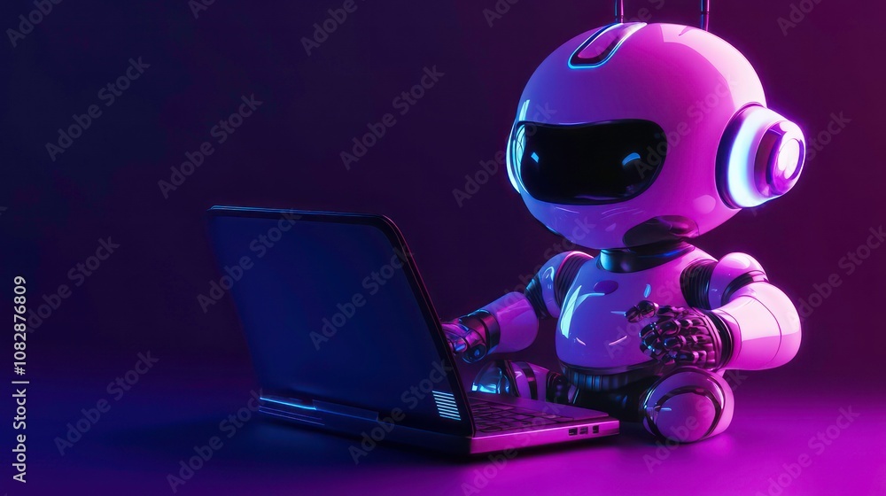 Poster cute friendly artificial intelligence robot using laptop computer with purple neon glow light, chatb