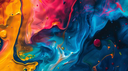 A mesmerizing swirl of colors showcases vibrant blues, oranges, and pinks mixing seamlessly. This artwork captures the essence of creative expression through fluid, dynamic patterns