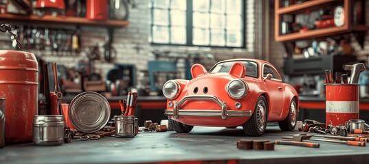 Vintage Car Piggy Bank on Mechanic's Workbench for Car Restoration Savings