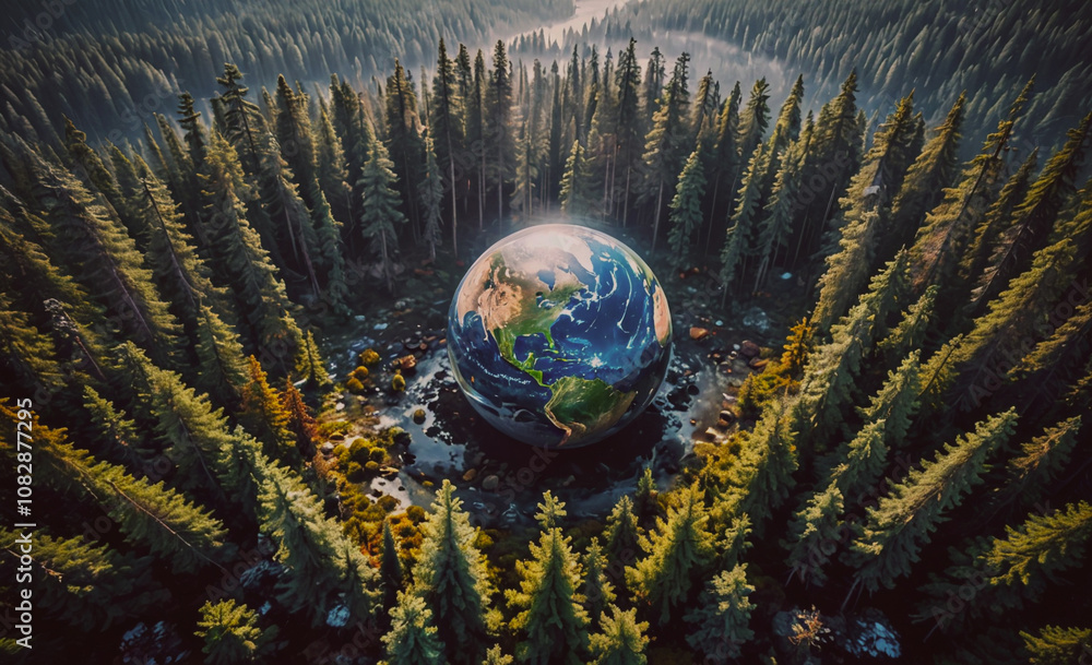 Poster large globe is in the middle of a forest