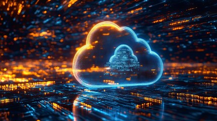 A glowing blue cloud icon hovers above an abstract digital landscape with orange lights .