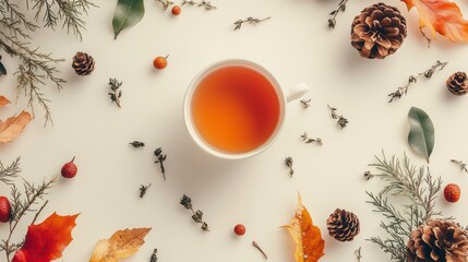 Cup of herbal tea surrounded by autumn leaves, pine cones, and small natural decorations on a cream background. Concept of cozy fall moments.