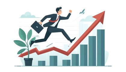 Fototapeta premium A businessman leaps ahead jumping over the growing graph of growth in flat illustration