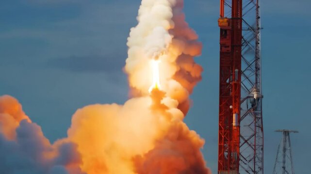 Close-up of Rocket Engine Ignition With Powerful Flames at Launch Generative AI