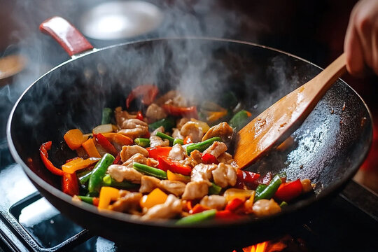 Top view of cooking chicken stir fry with vegetables in wok