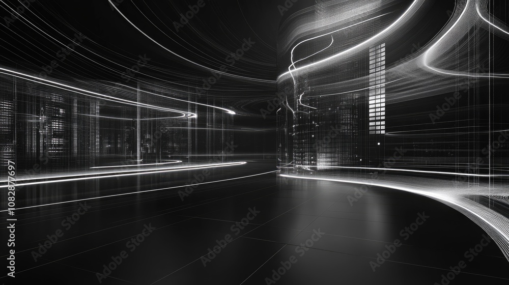 Poster line art illustration of a smooth abstract architectural background featuring illuminated elements 3