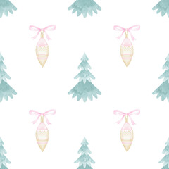 Christmas tree toy icicle, Christmas tree. Watercolor seamless pattern on white background in pastel colors. Cute winter illustration for Christmas