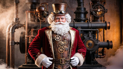 A steampunk Santa Claus stands proudly in front of intricate machinery, showcasing a blend of holiday cheer and industrial design during a festive celebration