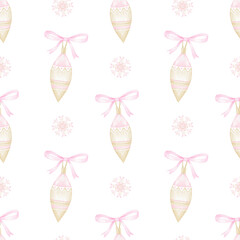 Christmas tree toy icicle, snowflake. Watercolor seamless pattern on white background in pastel colors. Cute winter illustration for Christmas