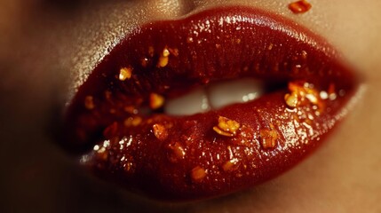 Indulging in szechuan heat close-up of hot spicy lips with chili flakes culinary delight sensual atmosphere artistic perspective