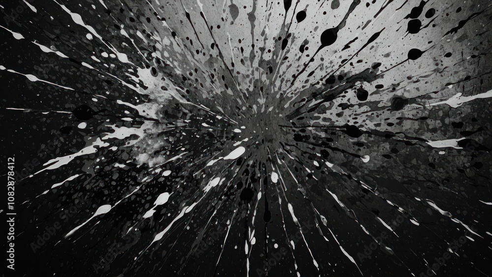 Poster abstract black and white splatter art resembling dynamic movement and energy on a dark canvas