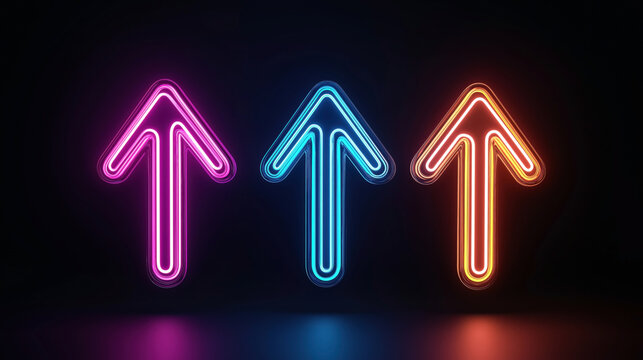 Three neon arrows pointing upward with vibrant colors on a dark background, featuring pink, blue, and orange glowing outlines and reflections