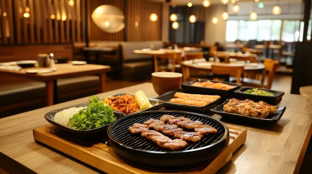 Grilling delicious bbq meats and sides modern restaurant food photography cozy indoor environment close-up view culinary experience