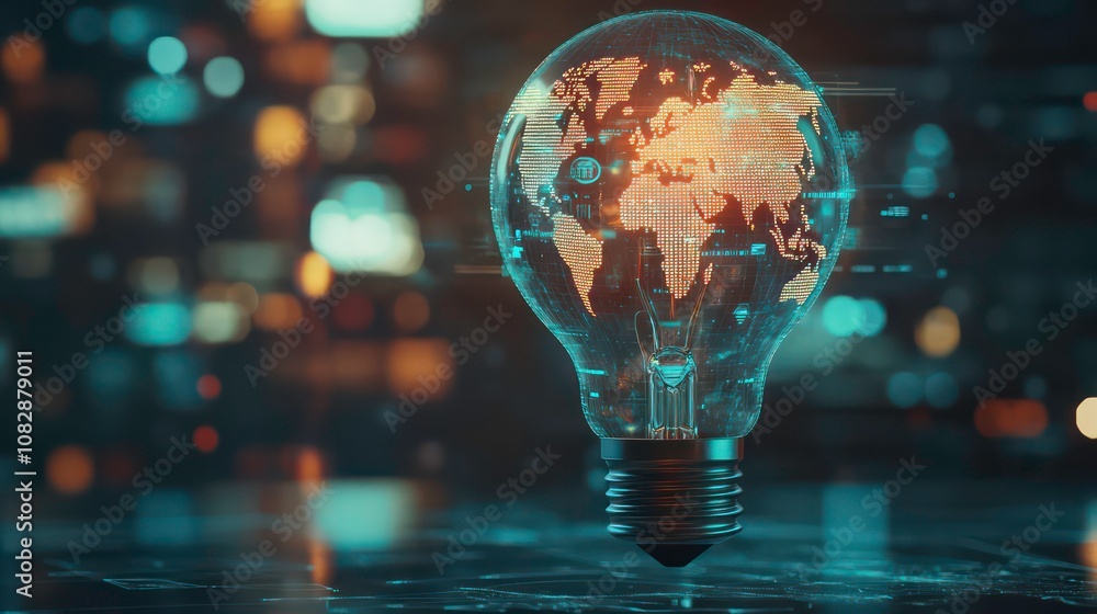 Wall mural creative lightbulb filled with glowing world map and digital icons