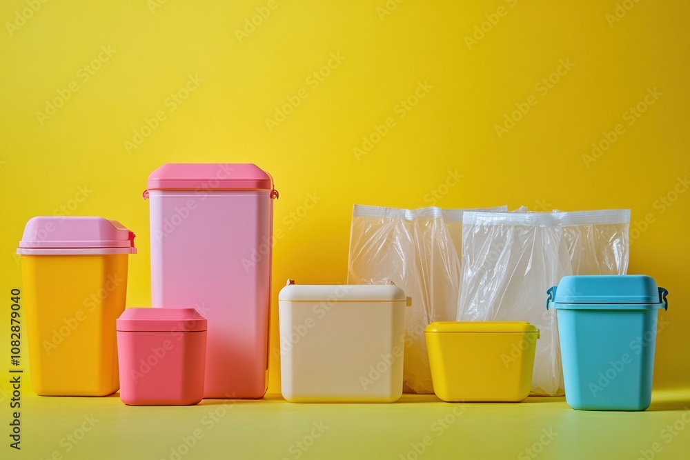Aufkleber a vibrant display of reusable containers stands out in contrast to various single-use plastic bags a