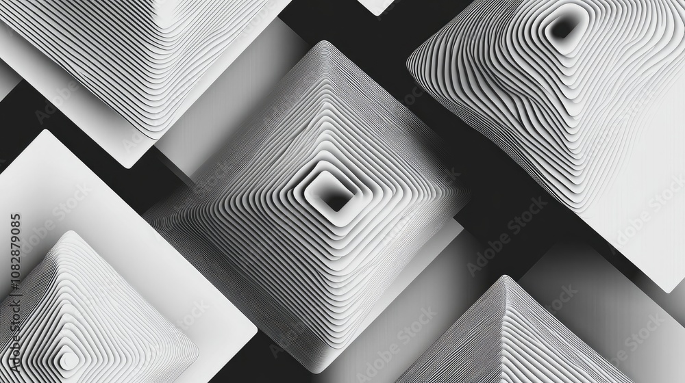 Poster abstract line art illustration featuring a 3d square pattern with stacked shapes in a black and whit