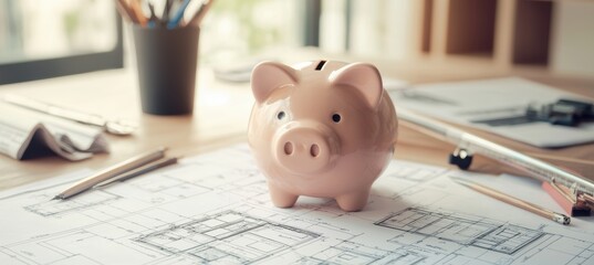 Financial Planning for Architecture Projects: Piggy Bank with Blueprints and Tools