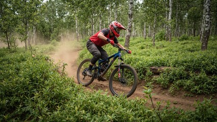Naklejka premium Mountain biker speeding through lush forest trail with dirt flying