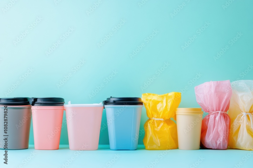 Aufkleber Various reusable containers are showcased against a colorful array of single-use plastic bags and cups, promoting sustainable practices. Generative AI
