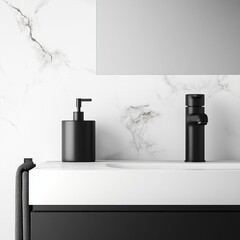 Black matte fixtures in a white marble bathroom, sleek and contrasting design, high-end look