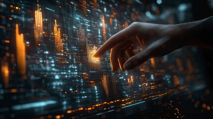 A hand reaches towards a digital screen filled with glowing orange and blue data .