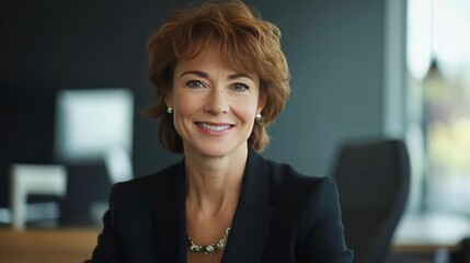 Confident smiling middle aged business woman attorney, 45 or 50 years old lady entrepreneur, mature female professional executive manager leader sitting in office looking at camera. Portrait