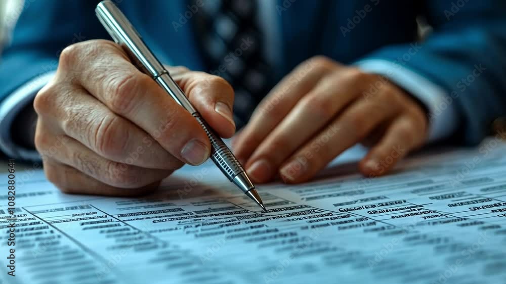 Poster business professional taking notes on a document while seated at a table during a meeting